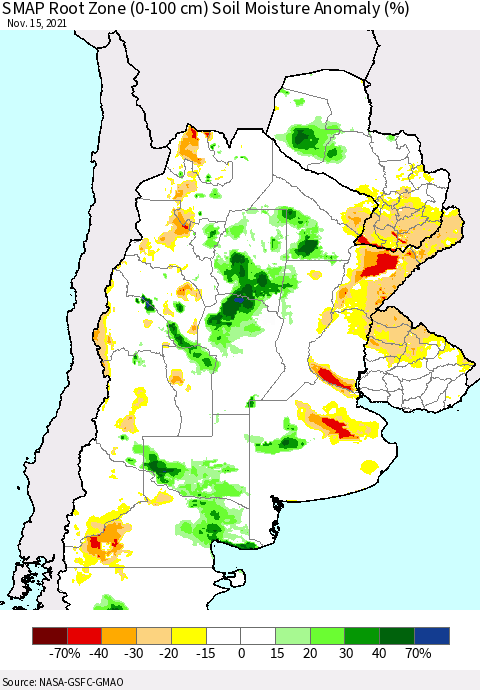 Southern South America SMAP Root Zone (0-100 cm) Soil Moisture Anomaly (%) Thematic Map For 11/11/2021 - 11/15/2021