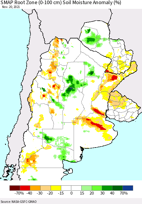 Southern South America SMAP Root Zone (0-100 cm) Soil Moisture Anomaly (%) Thematic Map For 11/16/2021 - 11/20/2021