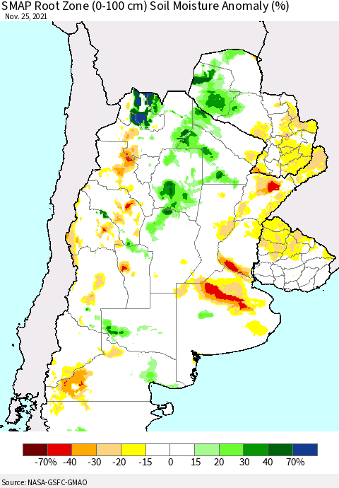 Southern South America SMAP Root Zone (0-100 cm) Soil Moisture Anomaly (%) Thematic Map For 11/21/2021 - 11/25/2021