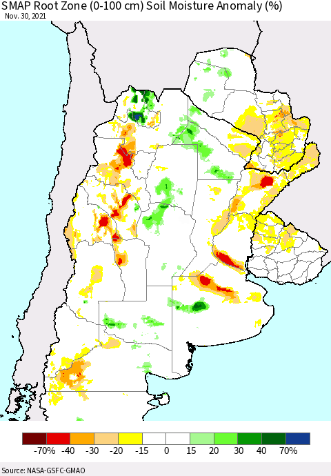 Southern South America SMAP Root Zone (0-100 cm) Soil Moisture Anomaly (%) Thematic Map For 11/26/2021 - 11/30/2021