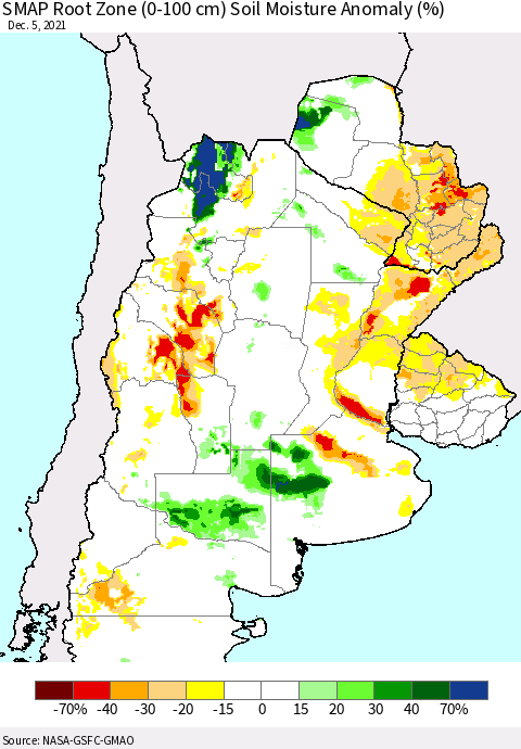 Southern South America SMAP Root Zone (0-100 cm) Soil Moisture Anomaly (%) Thematic Map For 12/1/2021 - 12/5/2021