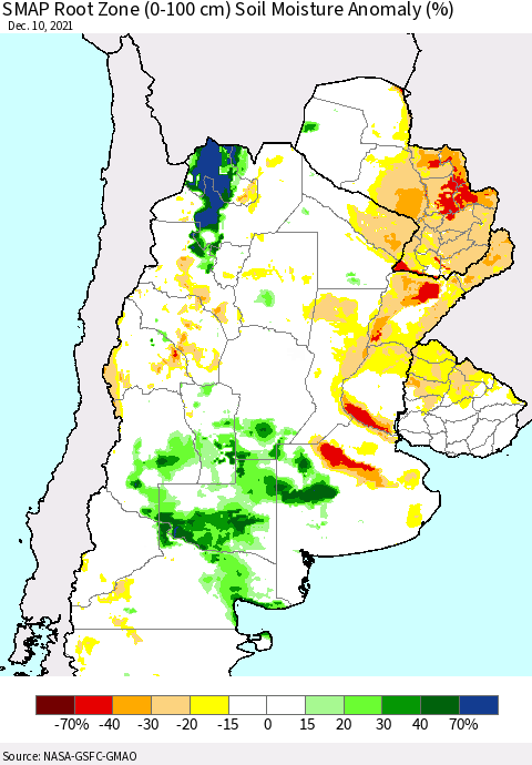 Southern South America SMAP Root Zone (0-100 cm) Soil Moisture Anomaly (%) Thematic Map For 12/6/2021 - 12/10/2021