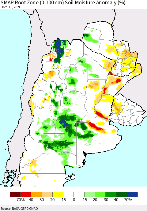 Southern South America SMAP Root Zone (0-100 cm) Soil Moisture Anomaly (%) Thematic Map For 12/11/2021 - 12/15/2021