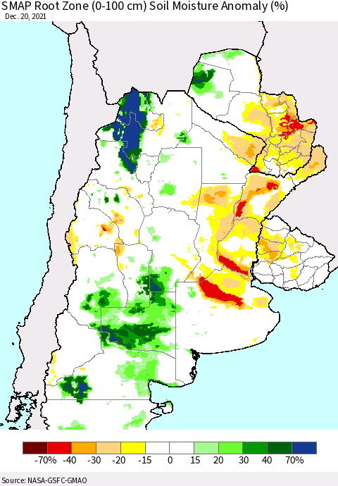 Southern South America SMAP Root Zone (0-100 cm) Soil Moisture Anomaly (%) Thematic Map For 12/16/2021 - 12/20/2021