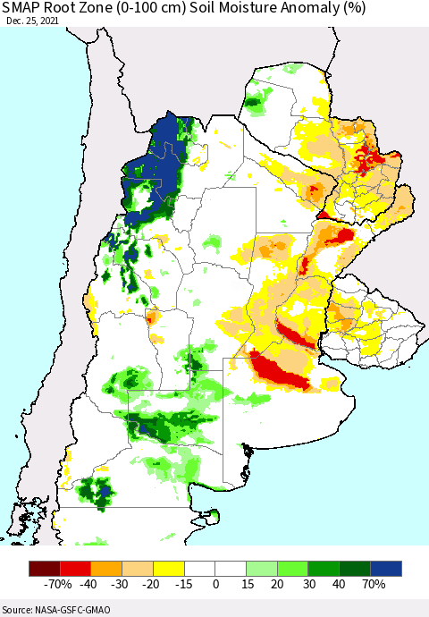 Southern South America SMAP Root Zone (0-100 cm) Soil Moisture Anomaly (%) Thematic Map For 12/21/2021 - 12/25/2021