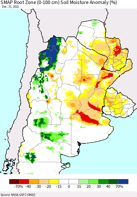 Southern South America SMAP Root Zone (0-100 cm) Soil Moisture Anomaly (%) Thematic Map For 12/26/2021 - 12/31/2021