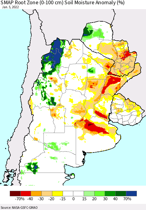 Southern South America SMAP Root Zone (0-100 cm) Soil Moisture Anomaly (%) Thematic Map For 1/1/2022 - 1/5/2022