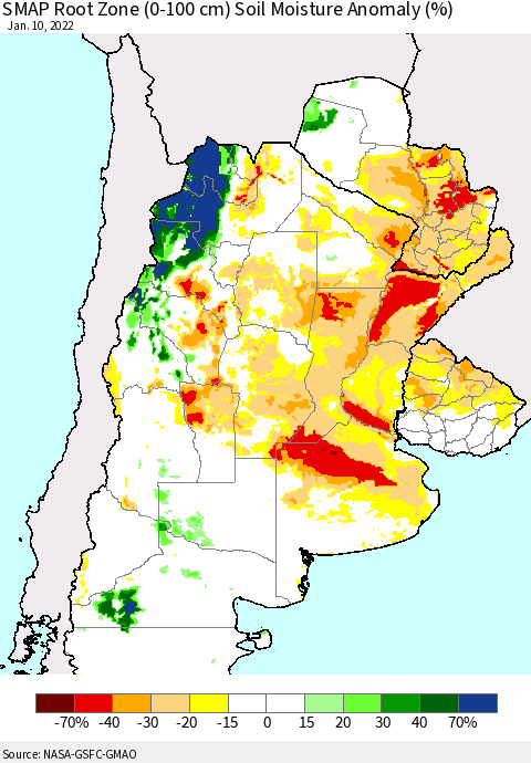 Southern South America SMAP Root Zone (0-100 cm) Soil Moisture Anomaly (%) Thematic Map For 1/6/2022 - 1/10/2022