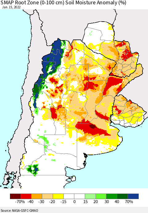 Southern South America SMAP Root Zone (0-100 cm) Soil Moisture Anomaly (%) Thematic Map For 1/11/2022 - 1/15/2022