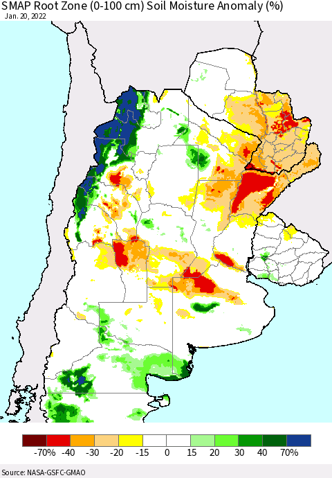 Southern South America SMAP Root Zone (0-100 cm) Soil Moisture Anomaly (%) Thematic Map For 1/16/2022 - 1/20/2022