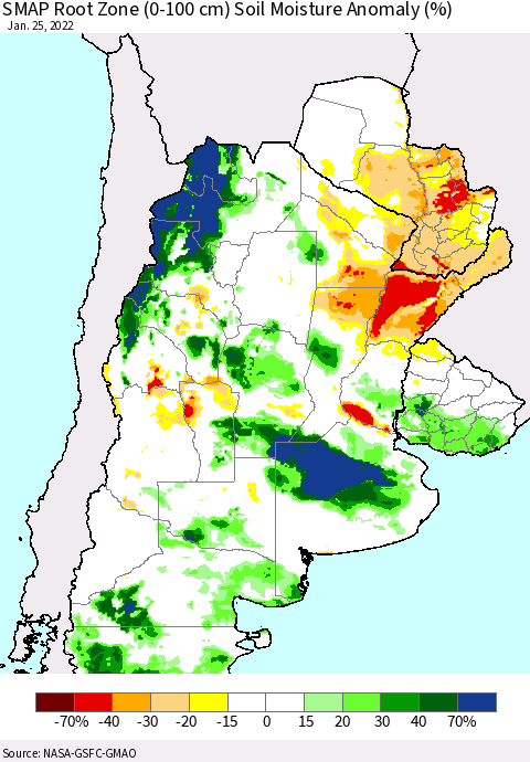 Southern South America SMAP Root Zone (0-100 cm) Soil Moisture Anomaly (%) Thematic Map For 1/21/2022 - 1/25/2022