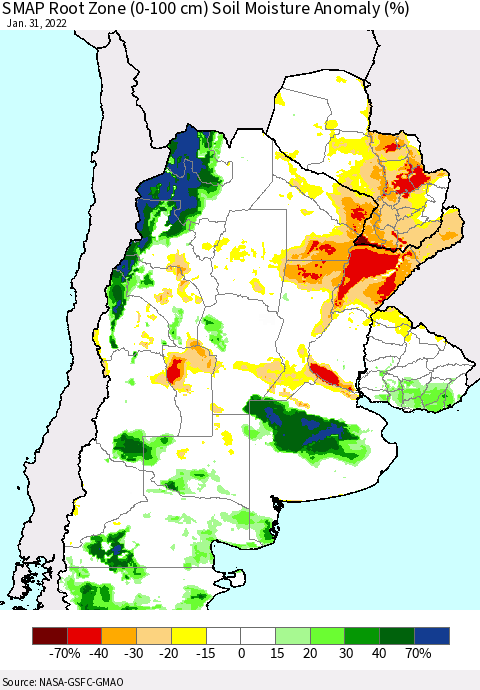 Southern South America SMAP Root Zone (0-100 cm) Soil Moisture Anomaly (%) Thematic Map For 1/26/2022 - 1/31/2022