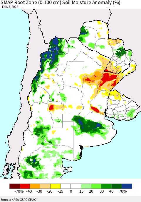 Southern South America SMAP Root Zone (0-100 cm) Soil Moisture Anomaly (%) Thematic Map For 2/1/2022 - 2/5/2022