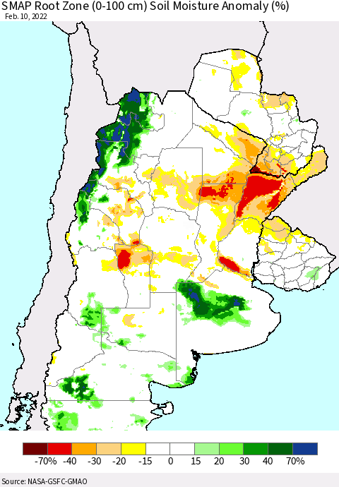 Southern South America SMAP Root Zone (0-100 cm) Soil Moisture Anomaly (%) Thematic Map For 2/6/2022 - 2/10/2022