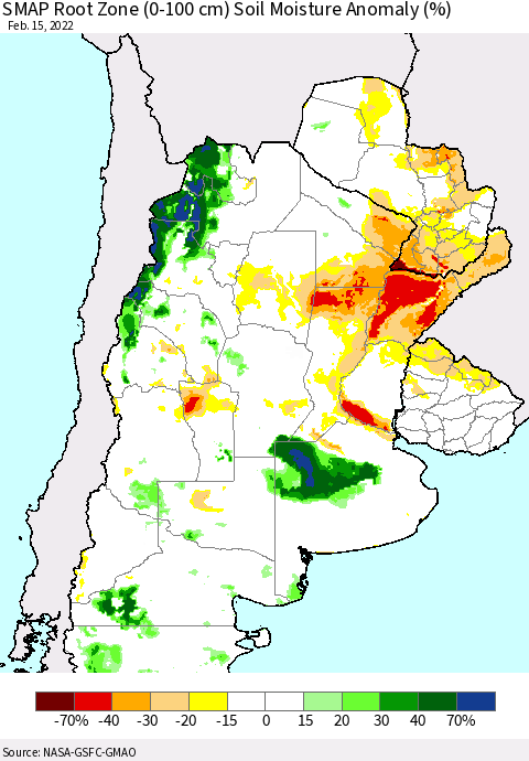Southern South America SMAP Root Zone (0-100 cm) Soil Moisture Anomaly (%) Thematic Map For 2/11/2022 - 2/15/2022