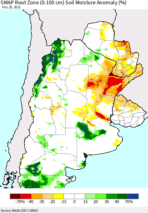 Southern South America SMAP Root Zone (0-100 cm) Soil Moisture Anomaly (%) Thematic Map For 2/16/2022 - 2/20/2022