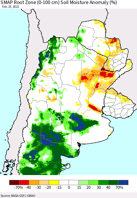 Southern South America SMAP Root Zone (0-100 cm) Soil Moisture Anomaly (%) Thematic Map For 2/21/2022 - 2/25/2022