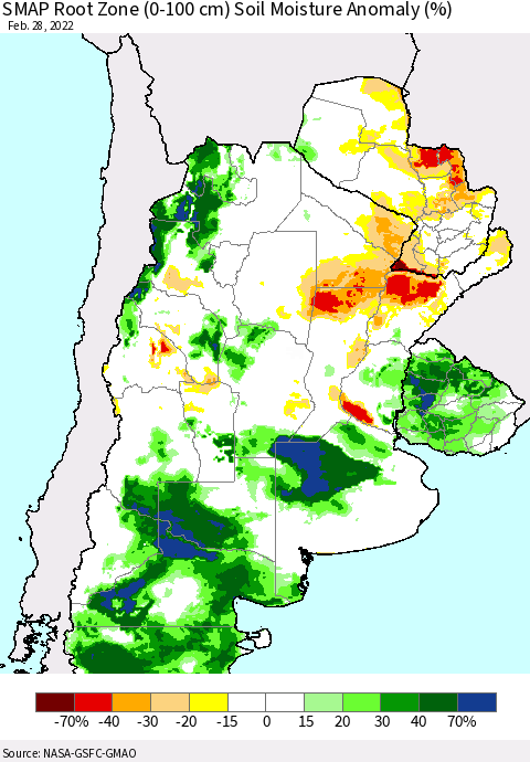 Southern South America SMAP Root Zone (0-100 cm) Soil Moisture Anomaly (%) Thematic Map For 2/26/2022 - 2/28/2022