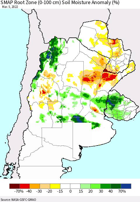 Southern South America SMAP Root Zone (0-100 cm) Soil Moisture Anomaly (%) Thematic Map For 3/1/2022 - 3/5/2022