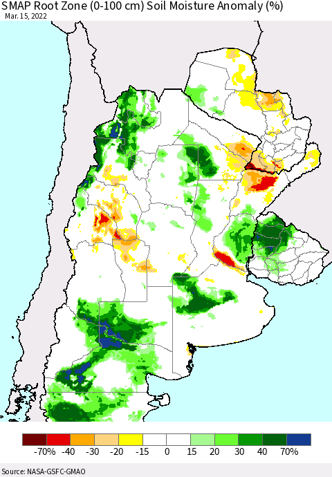 Southern South America SMAP Root Zone (0-100 cm) Soil Moisture Anomaly (%) Thematic Map For 3/11/2022 - 3/15/2022