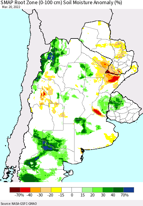 Southern South America SMAP Root Zone (0-100 cm) Soil Moisture Anomaly (%) Thematic Map For 3/16/2022 - 3/20/2022
