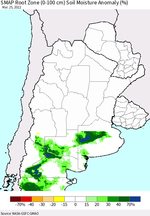 Southern South America SMAP Root Zone (0-100 cm) Soil Moisture Anomaly (%) Thematic Map For 3/21/2022 - 3/25/2022