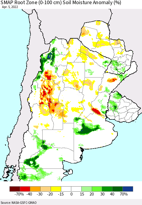 Southern South America SMAP Root Zone (0-100 cm) Soil Moisture Anomaly (%) Thematic Map For 4/1/2022 - 4/5/2022