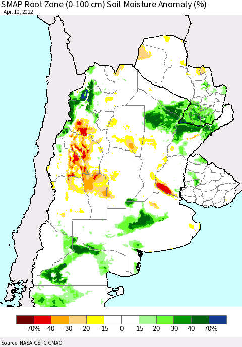 Southern South America SMAP Root Zone (0-100 cm) Soil Moisture Anomaly (%) Thematic Map For 4/6/2022 - 4/10/2022