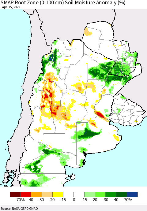 Southern South America SMAP Root Zone (0-100 cm) Soil Moisture Anomaly (%) Thematic Map For 4/11/2022 - 4/15/2022