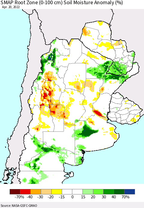 Southern South America SMAP Root Zone (0-100 cm) Soil Moisture Anomaly (%) Thematic Map For 4/16/2022 - 4/20/2022