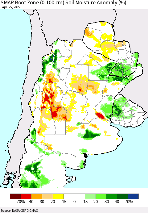 Southern South America SMAP Root Zone (0-100 cm) Soil Moisture Anomaly (%) Thematic Map For 4/21/2022 - 4/25/2022
