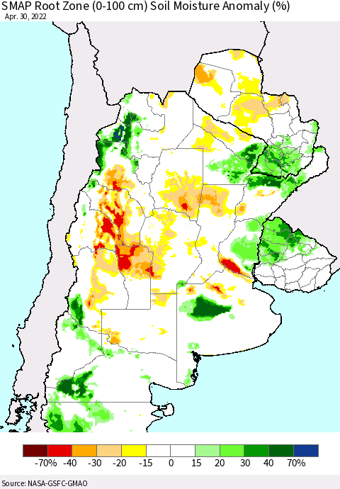 Southern South America SMAP Root Zone (0-100 cm) Soil Moisture Anomaly (%) Thematic Map For 4/26/2022 - 4/30/2022