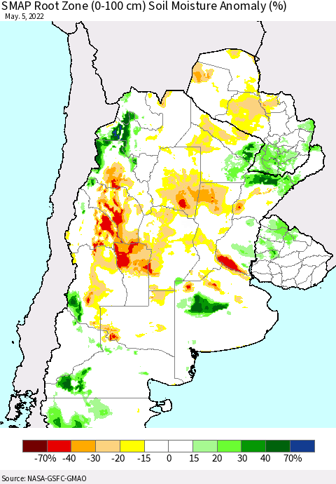 Southern South America SMAP Root Zone (0-100 cm) Soil Moisture Anomaly (%) Thematic Map For 5/1/2022 - 5/5/2022