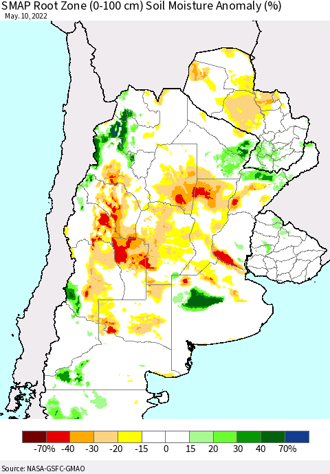 Southern South America SMAP Root Zone (0-100 cm) Soil Moisture Anomaly (%) Thematic Map For 5/6/2022 - 5/10/2022