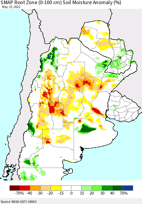 Southern South America SMAP Root Zone (0-100 cm) Soil Moisture Anomaly (%) Thematic Map For 5/11/2022 - 5/15/2022