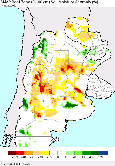 Southern South America SMAP Root Zone (0-100 cm) Soil Moisture Anomaly (%) Thematic Map For 5/16/2022 - 5/20/2022
