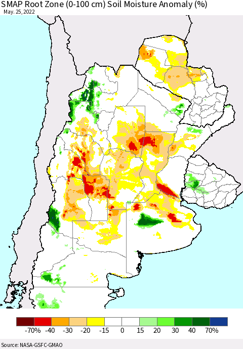 Southern South America SMAP Root Zone (0-100 cm) Soil Moisture Anomaly (%) Thematic Map For 5/21/2022 - 5/25/2022