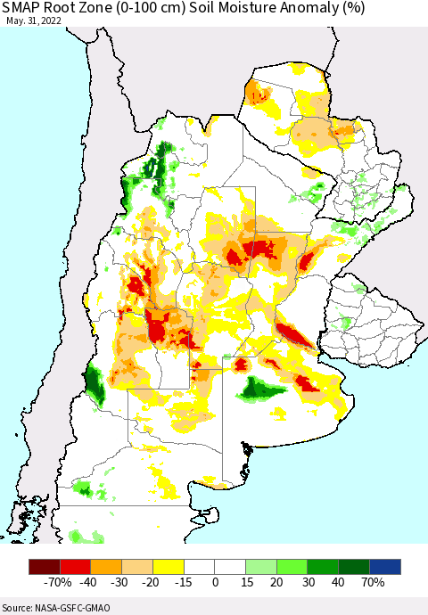 Southern South America SMAP Root Zone (0-100 cm) Soil Moisture Anomaly (%) Thematic Map For 5/26/2022 - 5/31/2022
