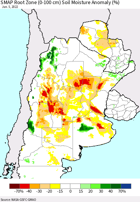 Southern South America SMAP Root Zone (0-100 cm) Soil Moisture Anomaly (%) Thematic Map For 6/1/2022 - 6/5/2022