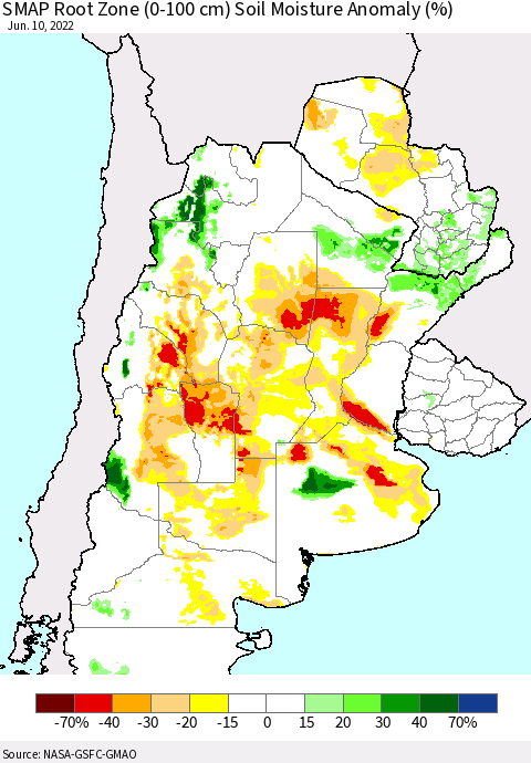 Southern South America SMAP Root Zone (0-100 cm) Soil Moisture Anomaly (%) Thematic Map For 6/6/2022 - 6/10/2022