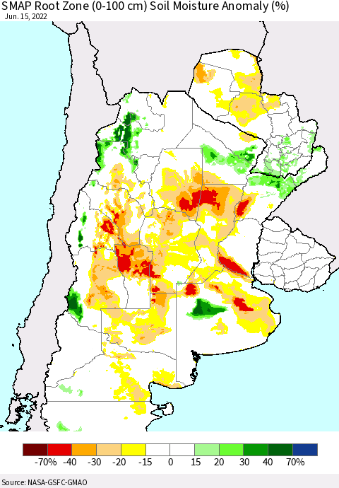 Southern South America SMAP Root Zone (0-100 cm) Soil Moisture Anomaly (%) Thematic Map For 6/11/2022 - 6/15/2022