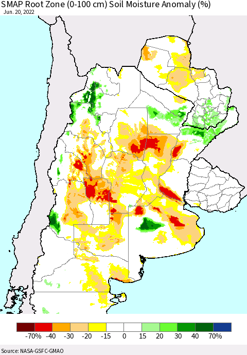 Southern South America SMAP Root Zone (0-100 cm) Soil Moisture Anomaly (%) Thematic Map For 6/16/2022 - 6/20/2022