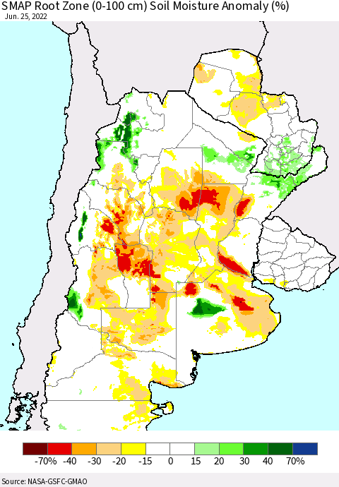 Southern South America SMAP Root Zone (0-100 cm) Soil Moisture Anomaly (%) Thematic Map For 6/21/2022 - 6/25/2022