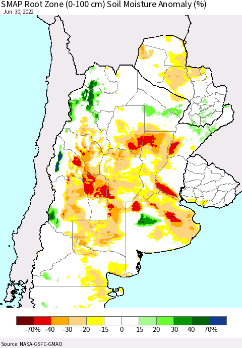 Southern South America SMAP Root Zone (0-100 cm) Soil Moisture Anomaly (%) Thematic Map For 6/26/2022 - 6/30/2022