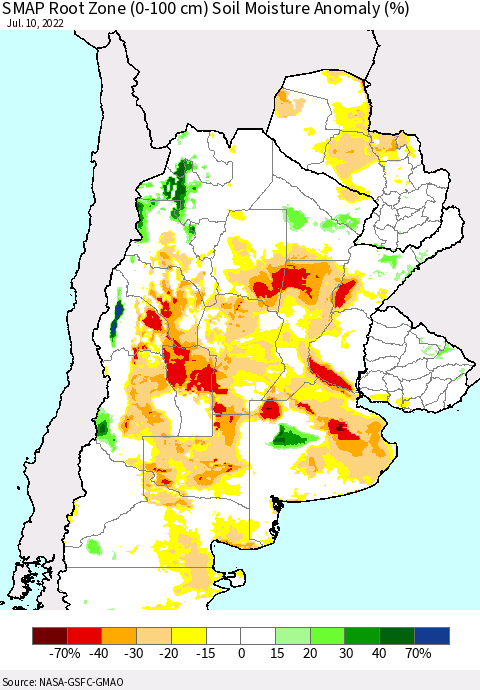 Southern South America SMAP Root Zone (0-100 cm) Soil Moisture Anomaly (%) Thematic Map For 7/6/2022 - 7/10/2022