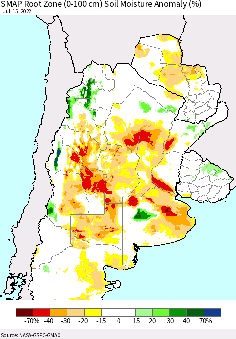 Southern South America SMAP Root Zone (0-100 cm) Soil Moisture Anomaly (%) Thematic Map For 7/11/2022 - 7/15/2022