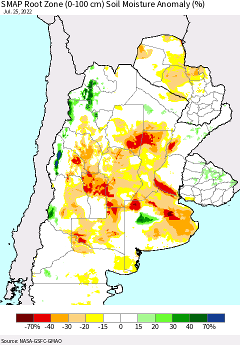 Southern South America SMAP Root Zone (0-100 cm) Soil Moisture Anomaly (%) Thematic Map For 7/21/2022 - 7/25/2022