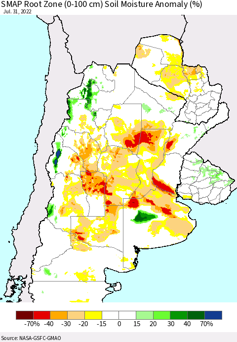 Southern South America SMAP Root Zone (0-100 cm) Soil Moisture Anomaly (%) Thematic Map For 7/26/2022 - 7/31/2022