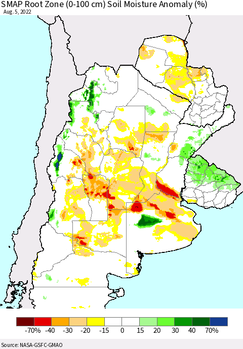 Southern South America SMAP Root Zone (0-100 cm) Soil Moisture Anomaly (%) Thematic Map For 8/1/2022 - 8/5/2022