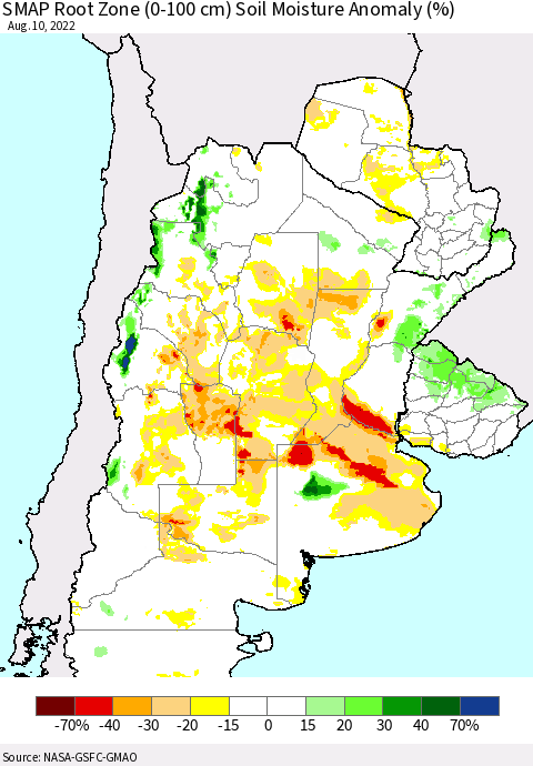 Southern South America SMAP Root Zone (0-100 cm) Soil Moisture Anomaly (%) Thematic Map For 8/6/2022 - 8/10/2022